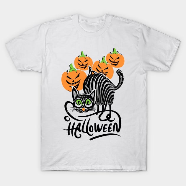 Halloween creepy cute black cat and pumpkins T-Shirt by BonusSingh